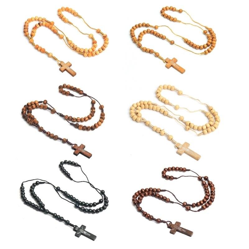 

Деревянные бусины с крестом Иисуса, ожерелье с четками, резная подвеска с четками, христианское ювелирное ожерелье, ожерелье в стиле Харадзюку, в стиле панк