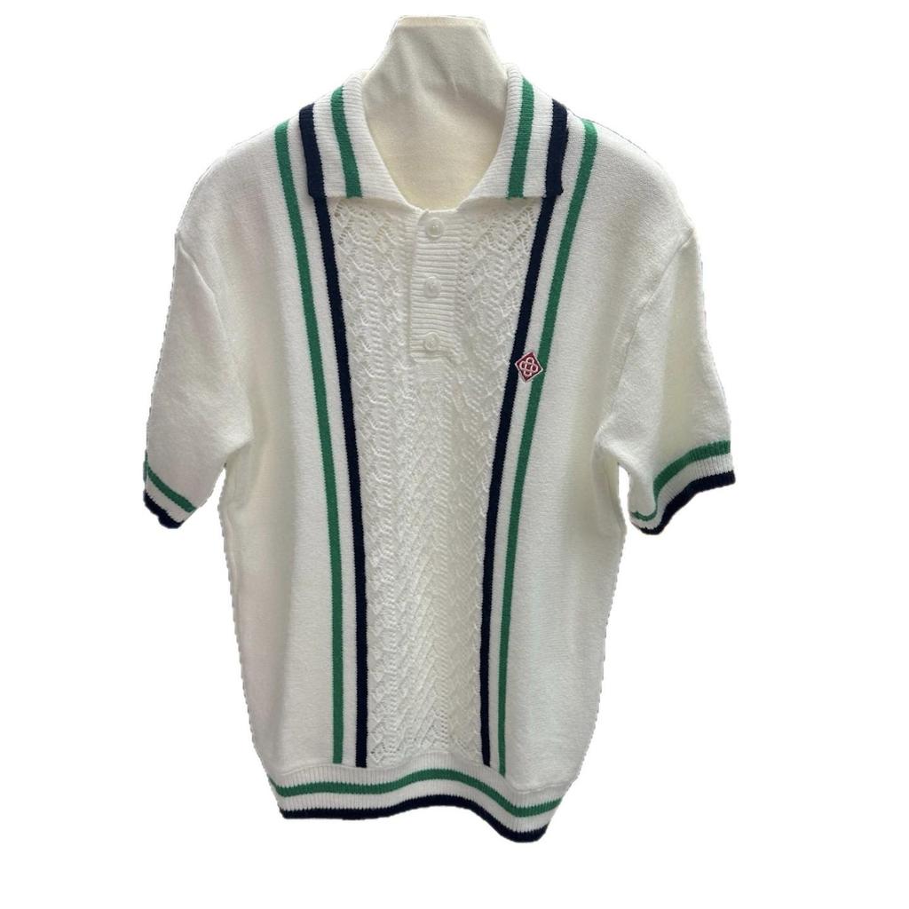 Summer Unisex Color Block Striped Knit Wool Polo Shirt - Short Sleeve