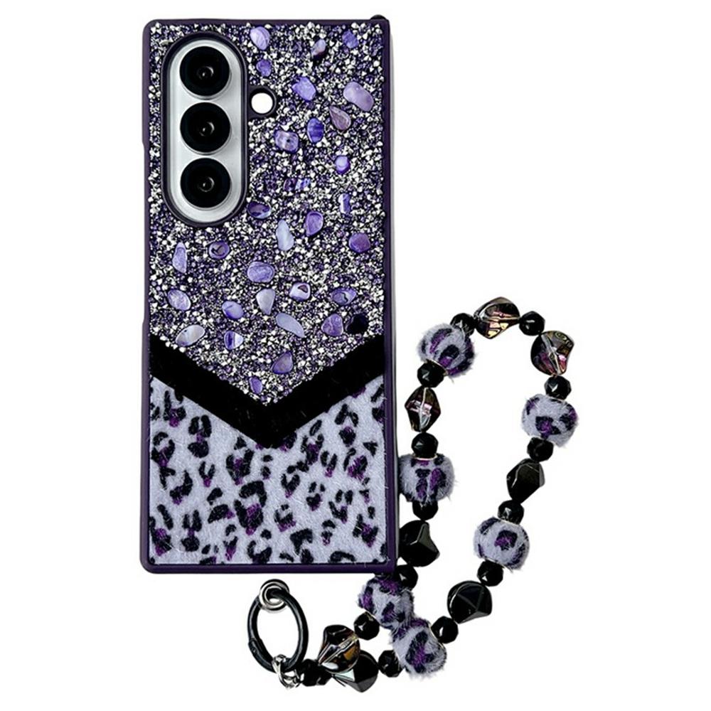 For Samsung Galaxy Z Fold7 5G Case Stone Decor Glitter Leopard Splicing Plush PC Phone Cover with Hand Chain