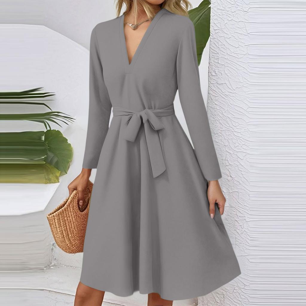 Women's Fashion Casual V-Neck Long Sleeve Waist Solid Color Midi Dress