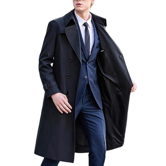 Men Windbreaker Lapel Long Sleeve Double Breasted Mid-Length Coat Solid Color Casual Business Outerwear