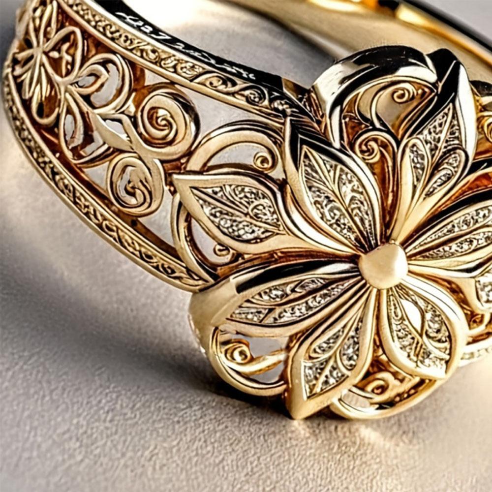 Damenring Goldfarben Blume Durchbruch Vintage Filigran Zirkonia Inlay Modeschmuck