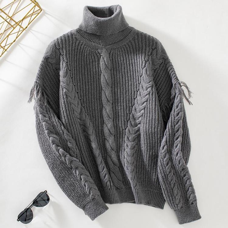 

Loose Stand Collar Vintage Knitwear Pullover Sweater Long Sleeve Top Color Solid Autumn Winter Fashion S темно-серого