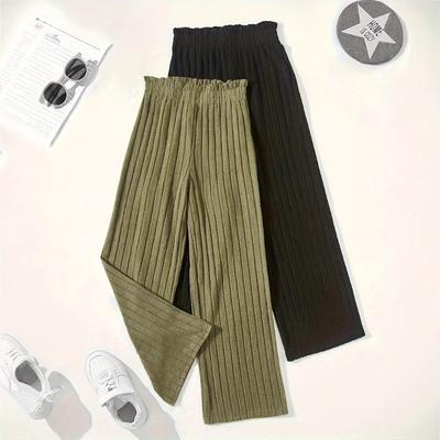 Girls' Pants Spring Autumn Summer Waist Ribbed Knitted Wide-Leg Pants Kidsren's Sports and Leisure Outer Wear Pure Color Loose Pants