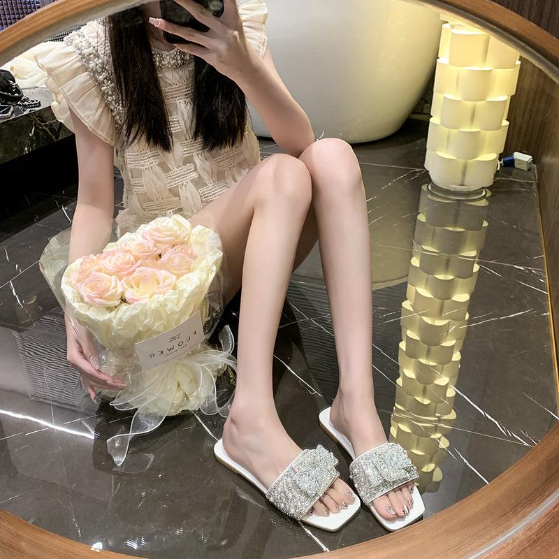 Luxury Modest Summer Sandals for Women, Closed Square Toe Pearl Slides, Plus Size Adjustable Strap Indoor Shoes