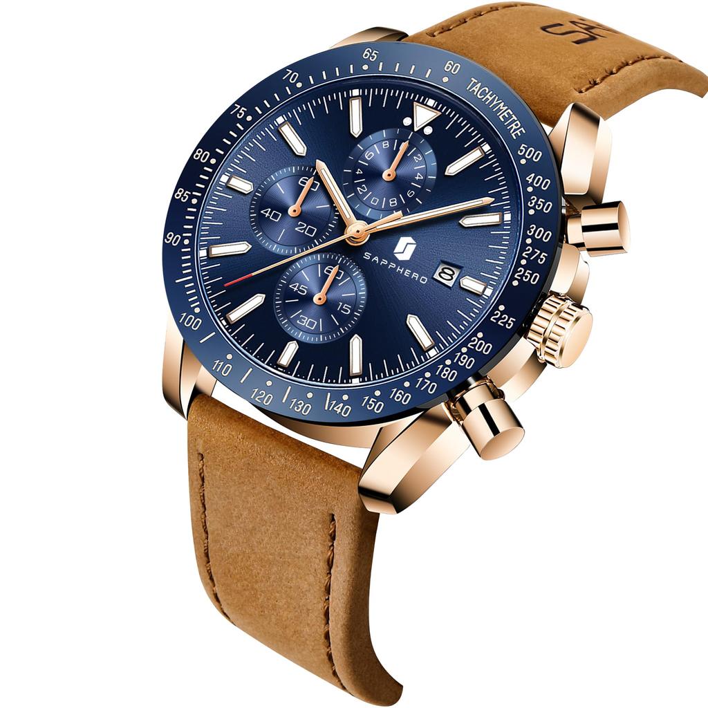 BY BENYAR Watch Chronograph Analog Watch 50M Water Resistant Business Simple Stylish Popular Formal Leather Strap Quartz Watch Gift for Men Brown