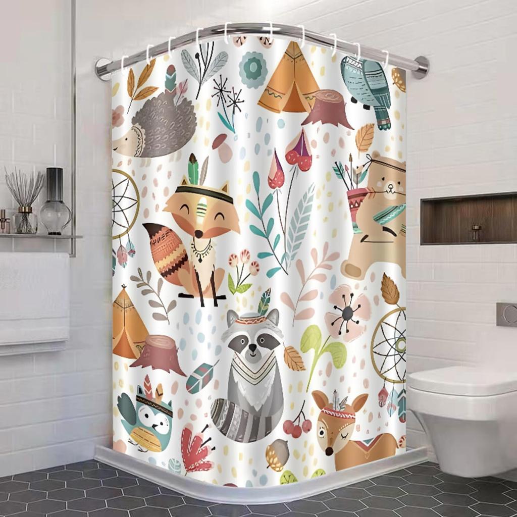 Kids Woodland Animal Shower Curtain with Cute Fox Bear Owl Pattern, Waterproof Polyester Fabric for Children's Bathroom Decor