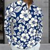 Men s Plus Size Long Sleeve Quarter Zip Collared Polo Shirt Striped Palm Tree Print Beige Navy Blue