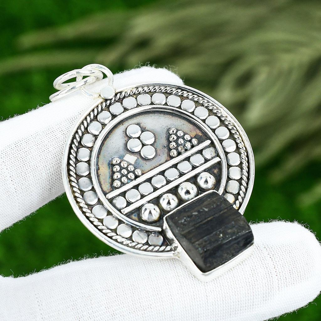 Friendship Day Deal 925 Silver Black Tourmaline Rough Stone Boho Pendant Jewelry