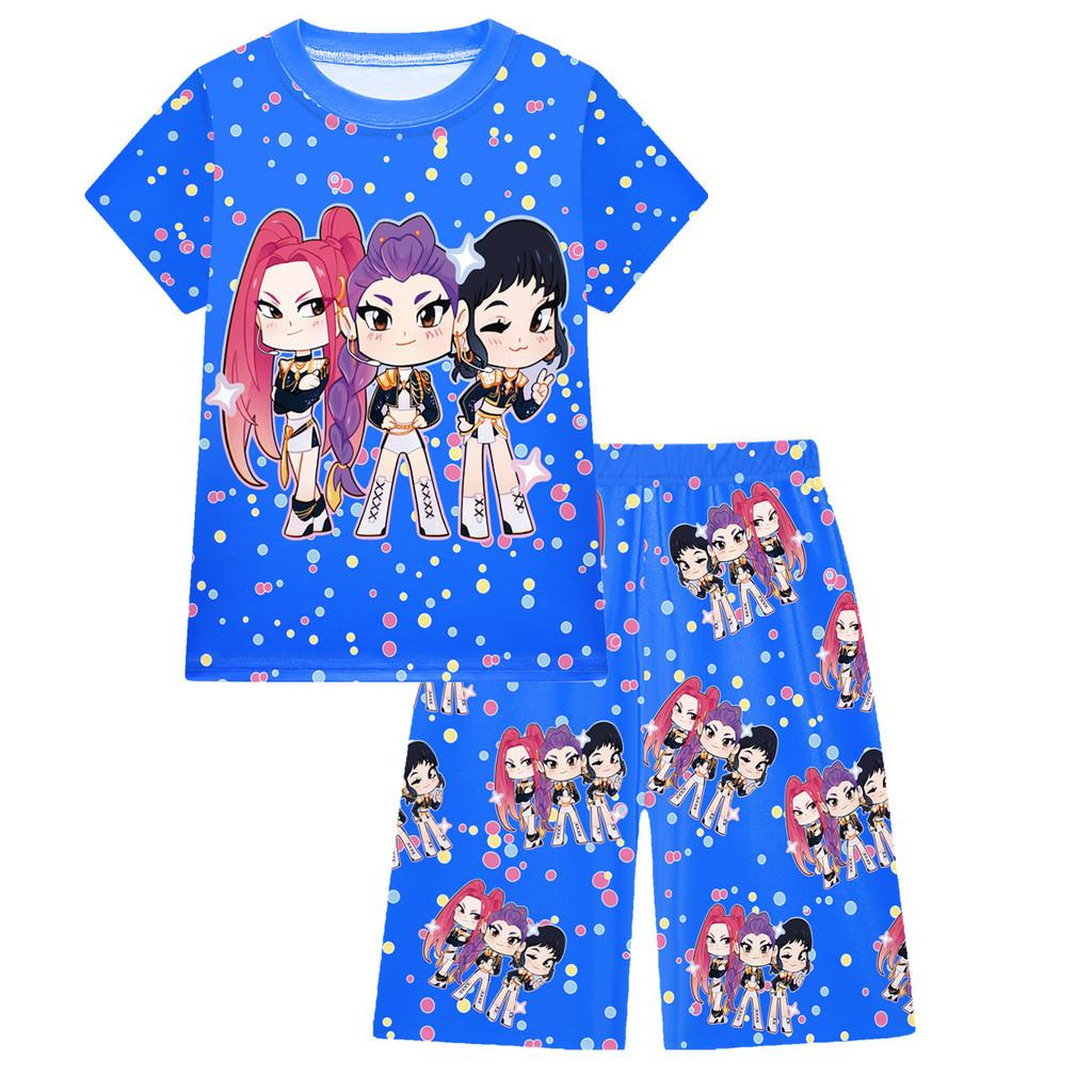 Kids Girls Anime Cartoon POP Singer Rumi Zoey Mira Printed Casual Short Sleeves T-shirt Shorts Pants Pajamas Sleepwear Sets