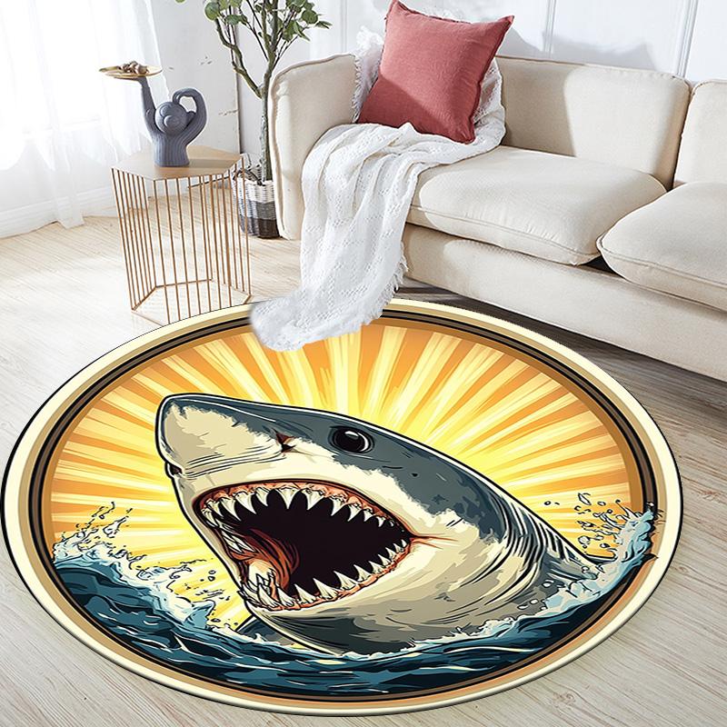 Great White Shark Round Area Rug,Carpet Rug for Living Room Bedroom Sofa Playroom Decor,Non-slip Floor Mat