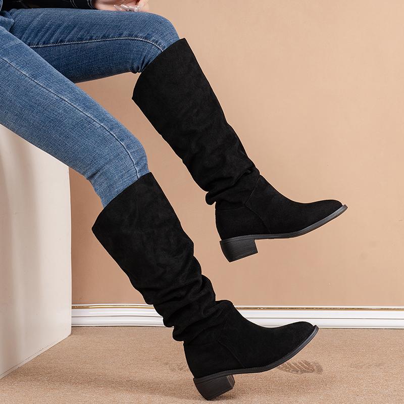 New Style Solid Color Comfortable Knee-high Boots Round Head Square Heels Increase Large Size Winter High Boots
