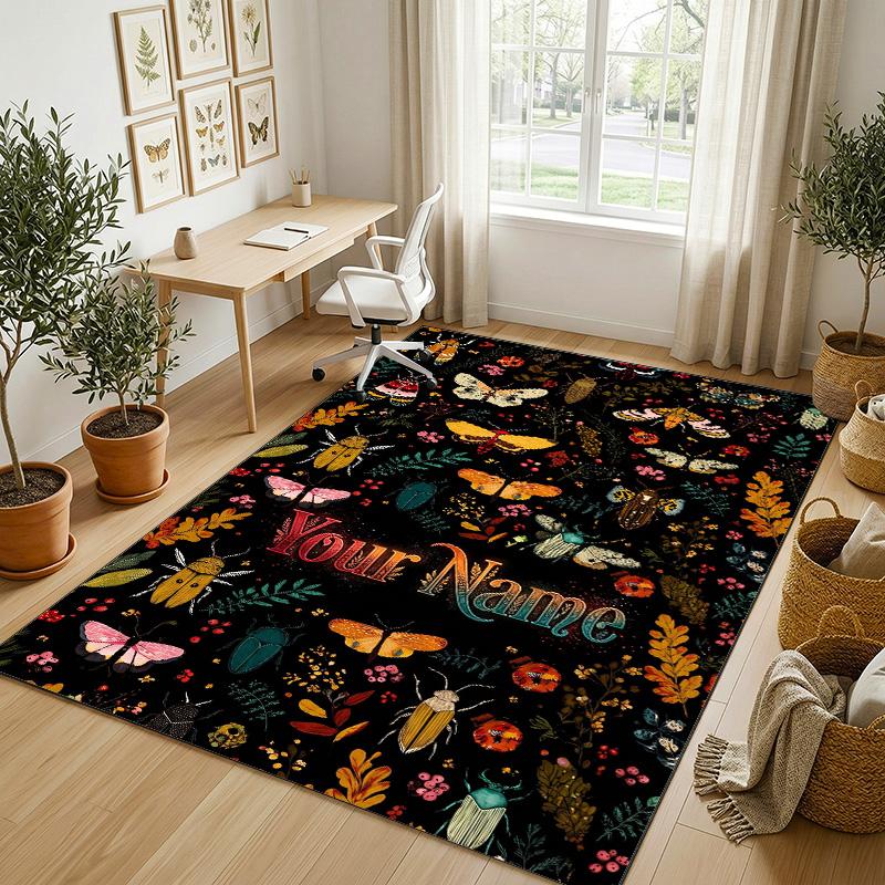 Floral Garden Theme Crystal Velvet Rug Personalized Custom Name Text Soft Floor Mat Home Decor