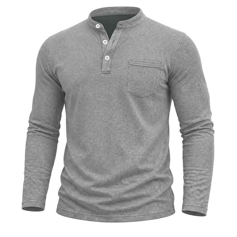 Men S Vintage Washed Long Sleeve Stand Collar Henley Shirt