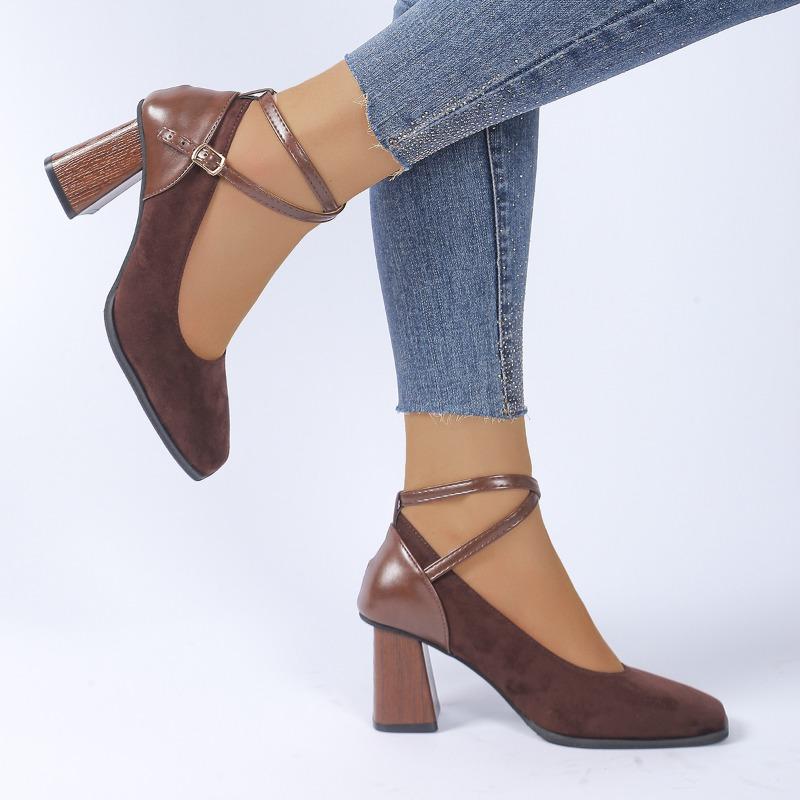Modne buty na słupku Damskie modne buty z kwadratowym noskiem Płytkie zamszowe Krzyżowane Cienkie paski Jedna klamra Antypoślizgowe Obcasy