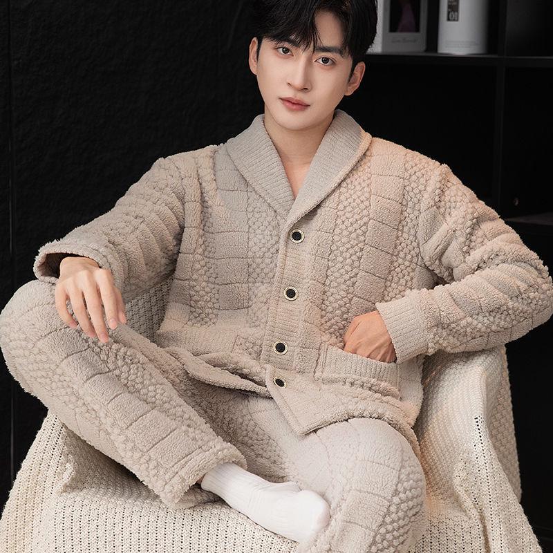Men's Plus Size Flannel Fleece Home Wear Set - Thickened for Autumn and Winter