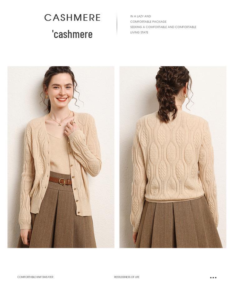 2024 Autumn/Winter Slimming V-Neck Hollow Knit Cashmere Cardigan