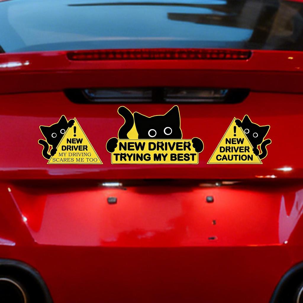 3pcs New Driver Sticker Magnetic Black Cat Automotive Decal Auto Body Decals Beginner Student Driving Tips Sticker
