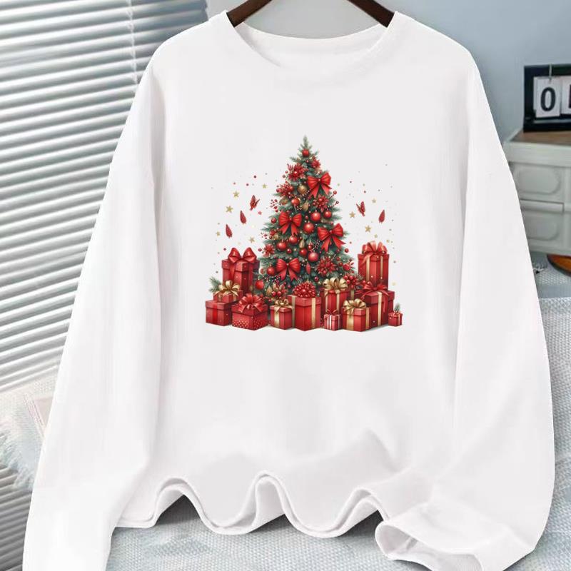 (Asian Size) Tree Watercolor Cute Print T Shirt Christmas New Year Graphic Tee Women Autumn Winter Casual Fashion Top Clothing Long Sleeve T-shirts