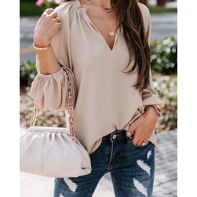 Spring and Autumn Women's Cool Long Sleeve Shirt Solid Color Casual V-Neck Loose Top