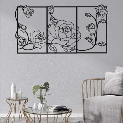 Impressionante Arte de Parede de Rosa de Metal de 3 Peças: Decoração Floral Preta para Quarto e Sala de Estar. Floral Preto para Valorização da Casa.