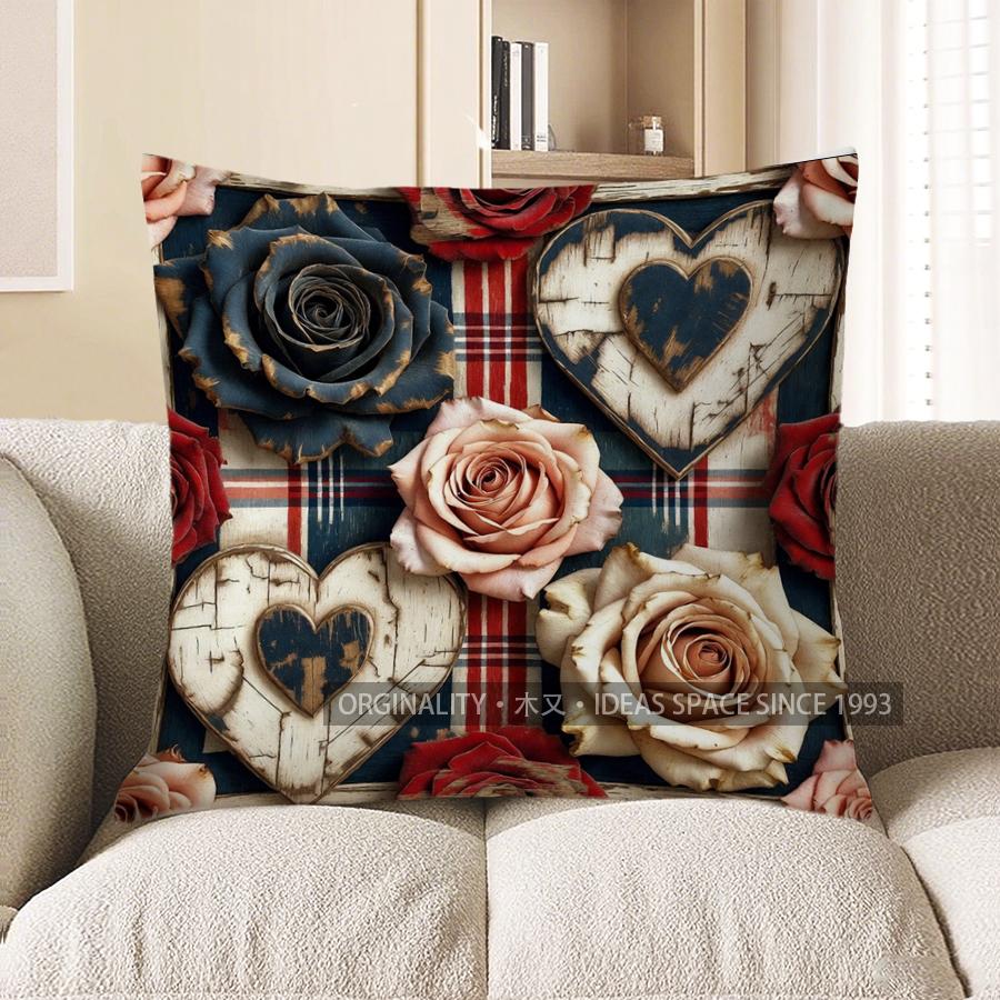 2D Floral & Heart Pattern Digital Print Pillowcase Pattern Cushion Cover Suitable For Sofa Bedroom Car Pillow Cover