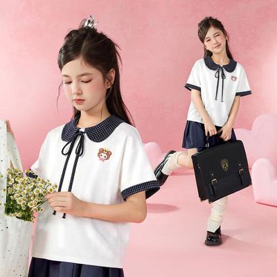 Girls' Plaid Patchwork Doll Collar Short Sleeve T-Shirt