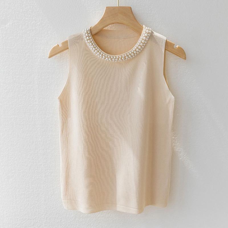 Elegant Women Sleeveless Beading Knitted Sling Fashion Vest New Casual Tank Tops Female Bottoming Shirt Camis Beads Knitted Sweater Tops 2465