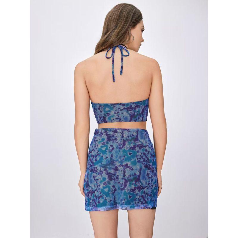 Export C * Mesh Sexy Halter Spaghetti Straps Short Top Skirt