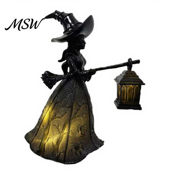 Luminous Resin Lanterns Halloween Witch Holding Lantern Light, with Spider Web Pattern Decor, Decorative Lighted Gothic Style Glowing Sculpture, чёрный