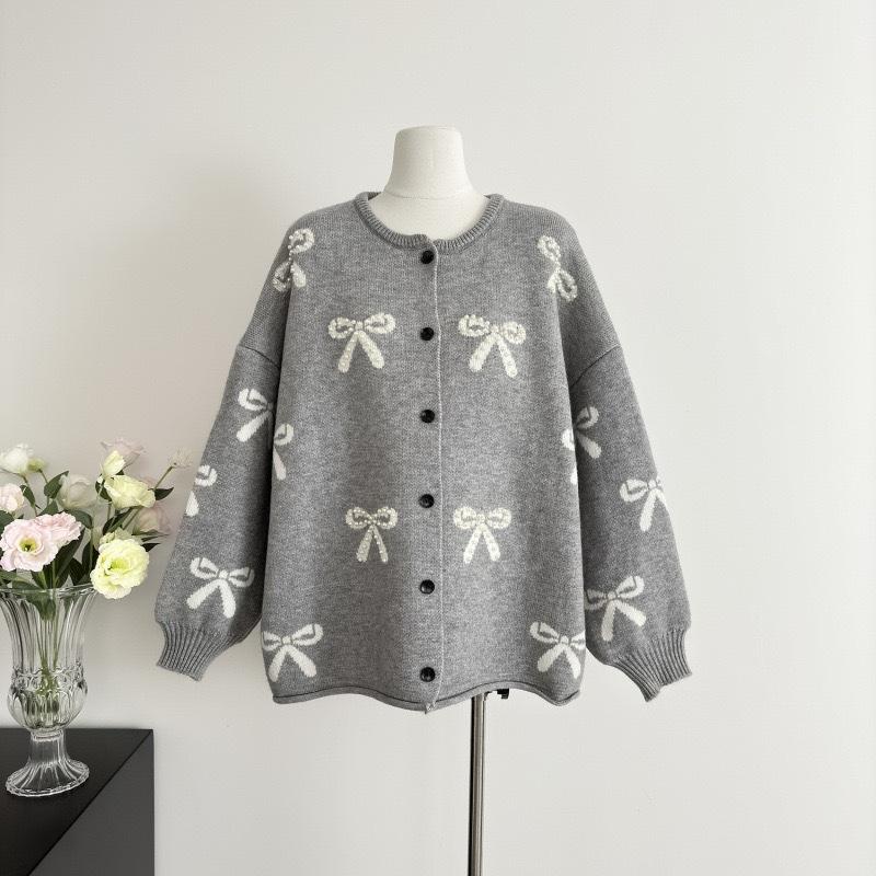 Damen Lockerer Rundhals Schleife Perlenbesetzter Pullover Jacke Herbst- und Winterdesign Altersreduzierender Cardigan Top