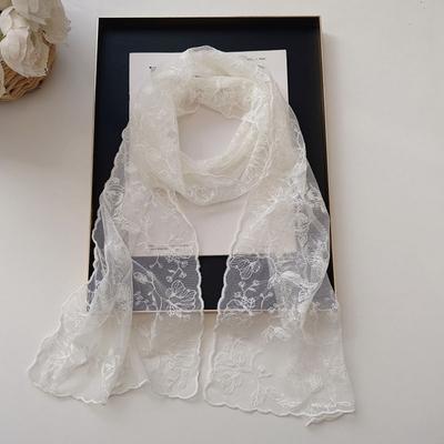 Casual Retro Women's Lace Scarf Solid Color Long Female Headscarf Korean Version Embroidered Flower Silk Scarf