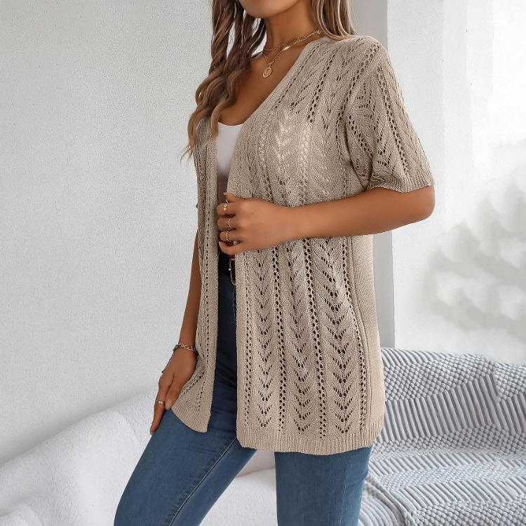 Eleganter Damen V-Ausschnitt Locker Gestrickter Cardigan Solider Karopullover Frühling Sommer Oberteile