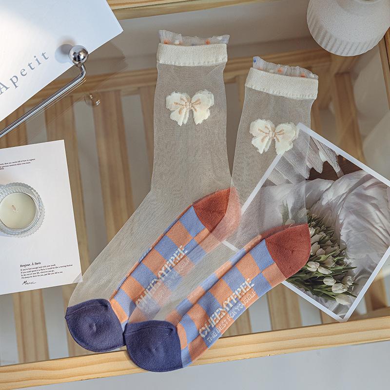 Spring/Summer Ultra Thin Vintage Crystal Silk Stockings for Women Socks for Women Mid-tube Stockings Breathable Cotton Sole Glass Silk Stockings