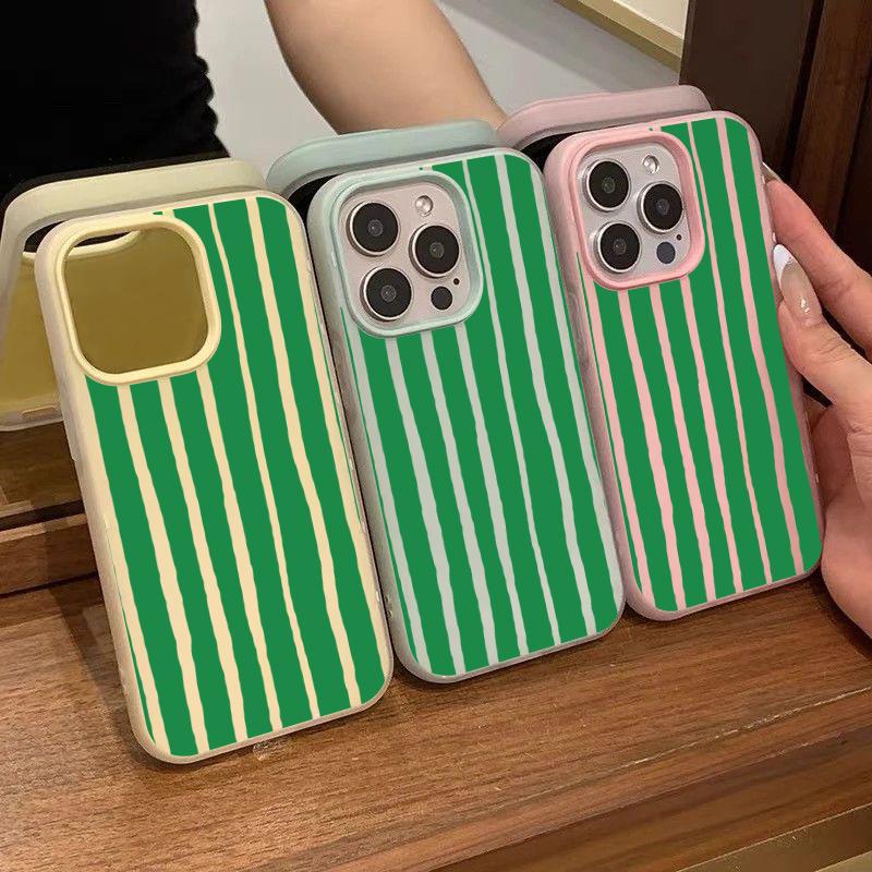 Fashion Simple Green Striped Two-In-One Phone Case For iPhone 17 17 Air 16 15 14 13 12 11 Pro Max 16E 7 8 Plus X XR XS Cover