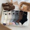 Cute Cartoon Cat Thickened Wool Socks for Autumn and Winter, Women's Warm Mid-calf Socks, Color-blocking Pile Socks