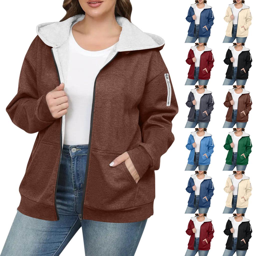 Women's Loose And Comfortable Zipper Hooded Solid Color Plus Size Jacket