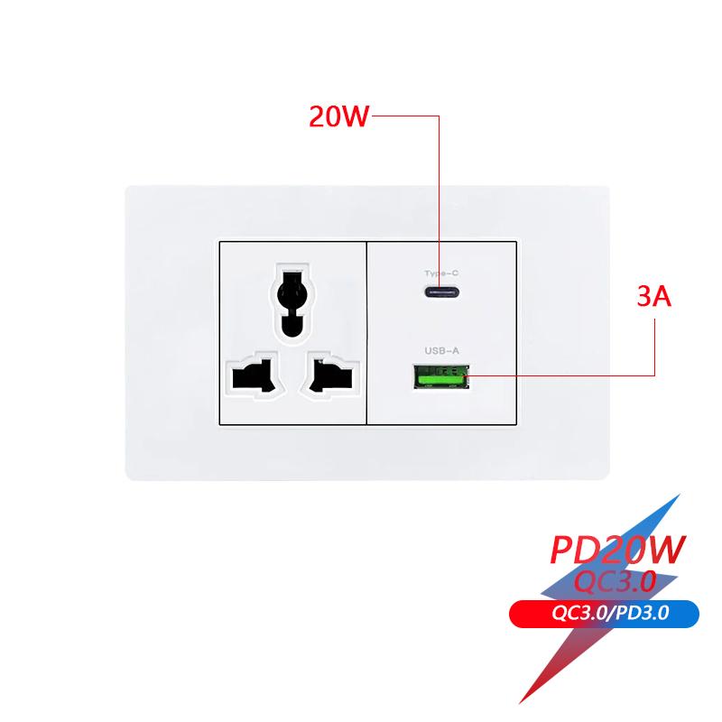 EU Korea Stromstecker mit 16A USB-Steckdose, Elektrisches 2-Wege-Lichtschalter-Panel, Universelle USB-Typ-C 20W Schnellladebuchse 220V