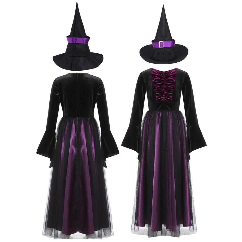 Costume Strega Bambina Completo - Vestito In Tulle Viola Con Cappello, Bacchetta Magica E Borsetta - Set Travestimento Halloween E Carnevale Per Bambine