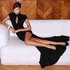 New Autumn/Winter Women's Fashion High Slit Stand Collar Hollow Out Slim Fit Dress