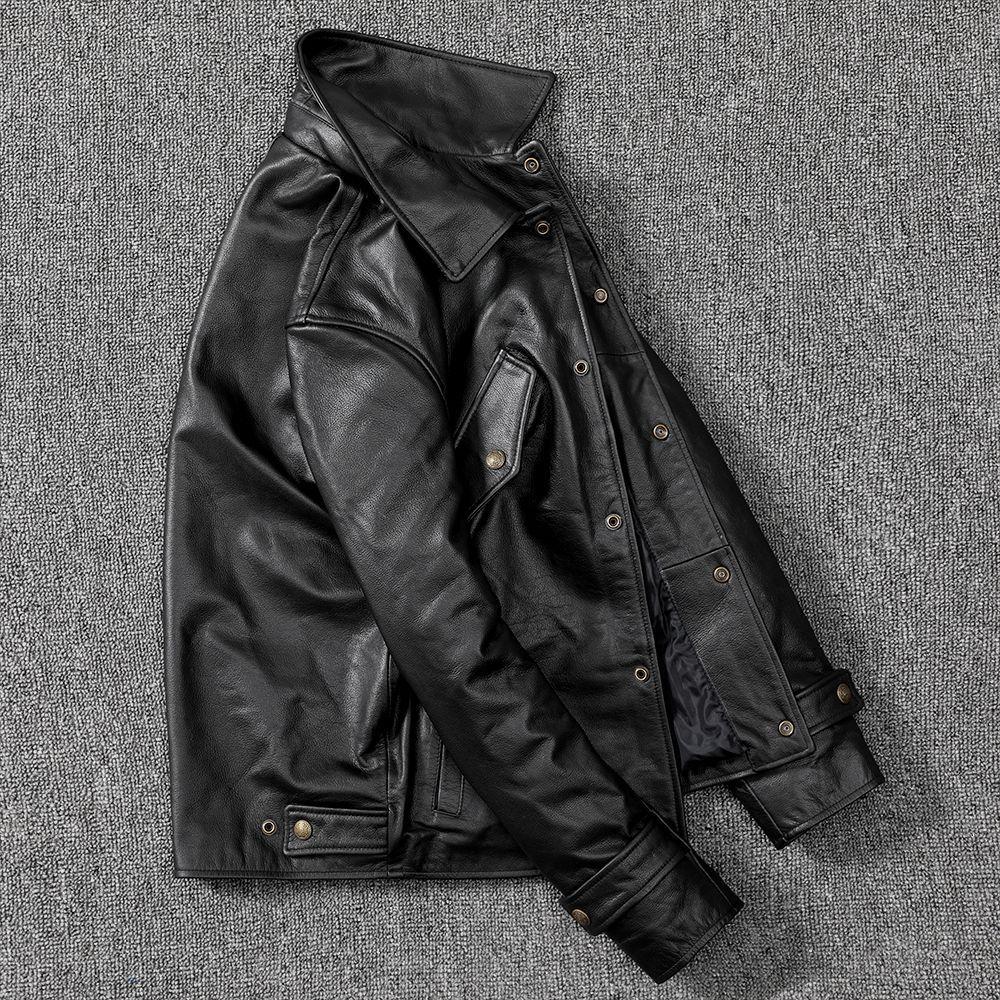 Chaqueta de piel de vaca suave de primera capa de cuero genuino para hombre, chaqueta de cuero delgada con solapa, conjunto exterior informal, tendencia