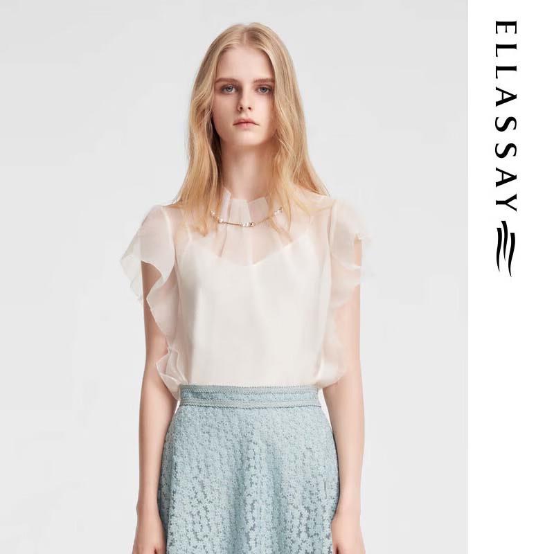 ELLASSAY Women s Stand Collar Fly-Sleeve Chiffon Blouse M