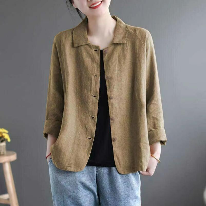 

Cotton Spring and Autumn Women s Shirts, Women s Clothes, Women s Tops, Collared Solid Color, Thin Linen, Thin Long-sleeved Clothes 2XL хакі