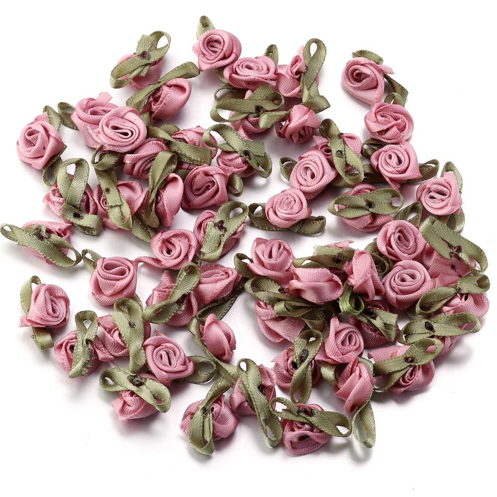 50pcs 1.5x2.5cm Mini Rose Flower Polyester Satin Ribbon Rosettes Fabric Appliques For Wedding Party Clothing Sewing Decoration