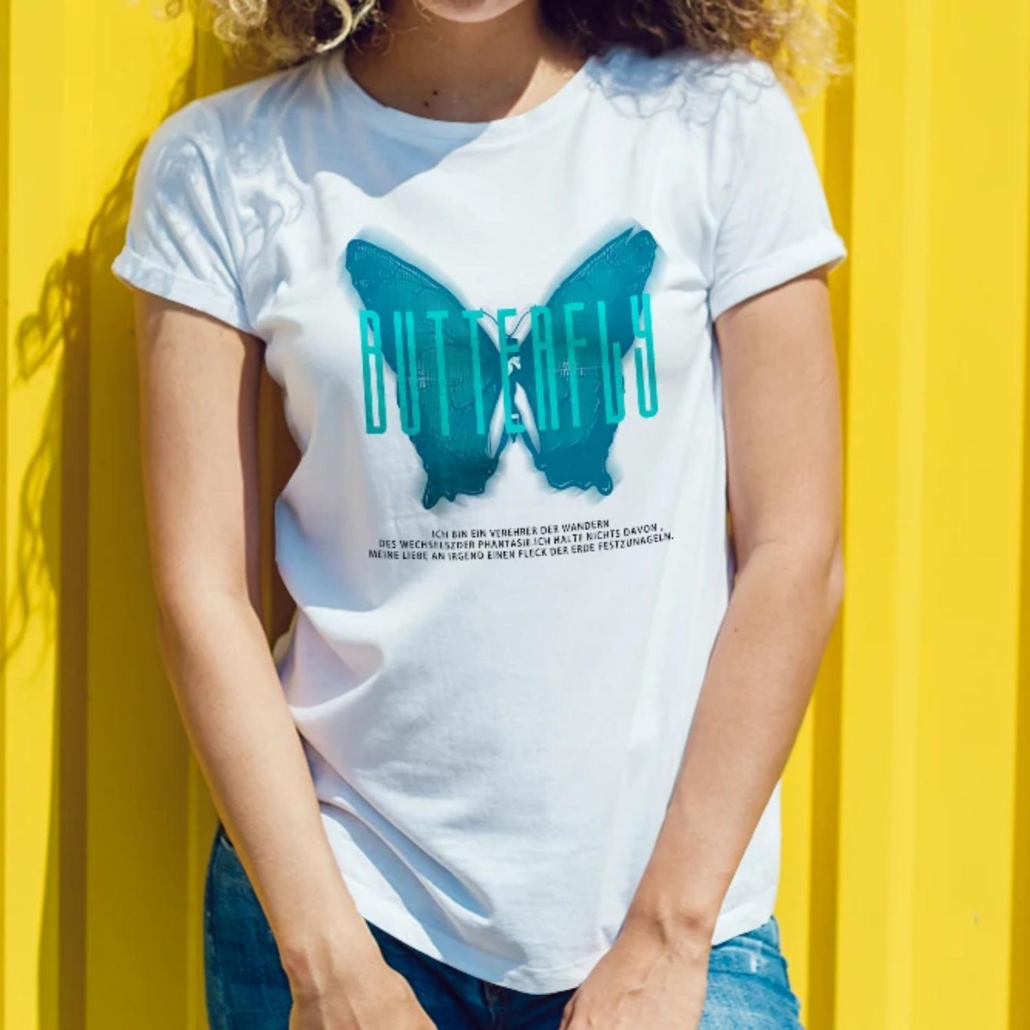 Women s round neck butterfly and letter print casual spring and summer T-shirt energetic and youthful S