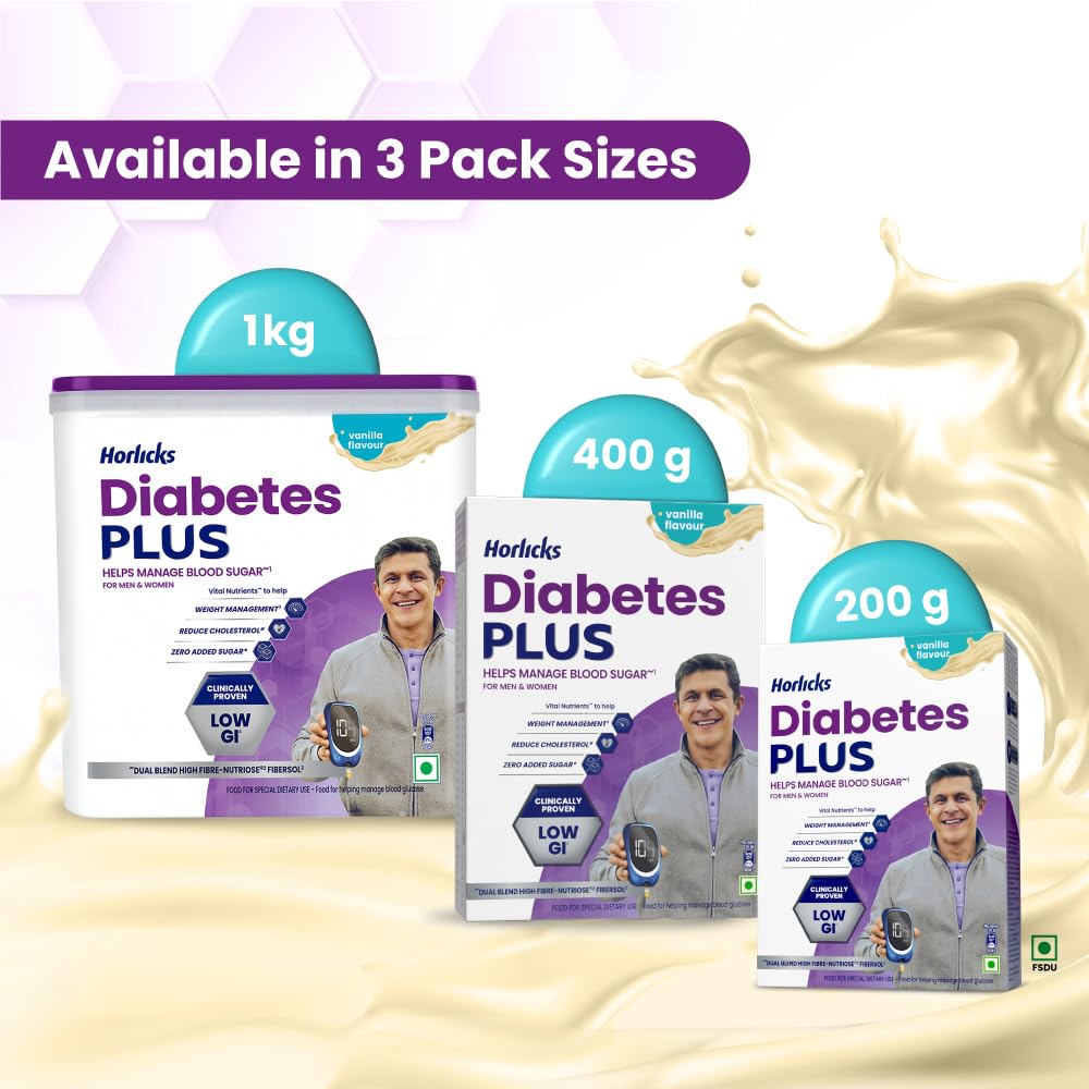 Horlicks Diabetes Plus High Fibre Vanilla Nutritional Powder 1000 G Container For Adults Managing Blood Sugar