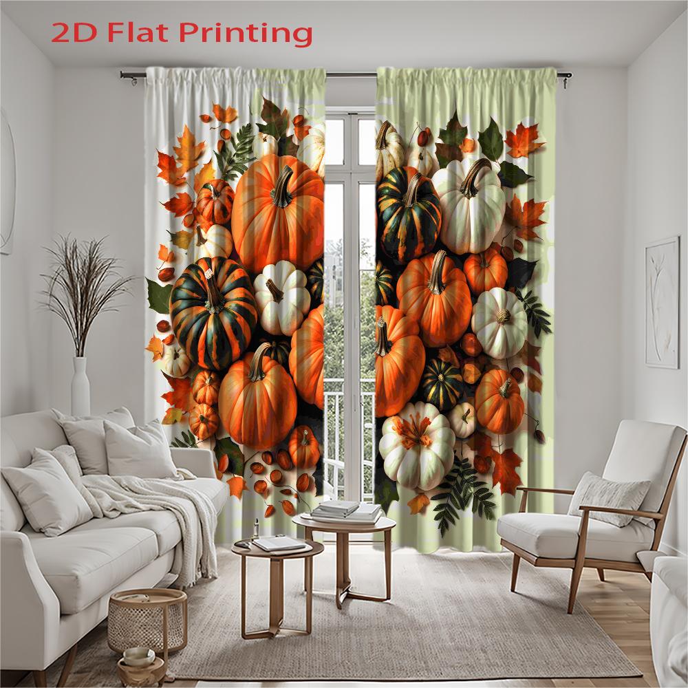 Piece Set High Definition Digital Printed Curtainsautumnpumpkinsorangewhiteleavesfallstylehome Decoration Style Curtain Made Of Polyester