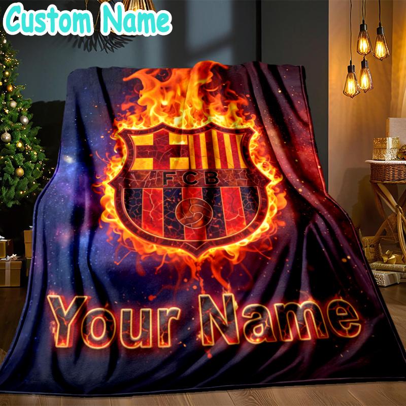 Custom Name Barcelona Football Throw Blanket - Perfect for Couch, Bed, Office, and outdoor Travel - Ideal Gift for Christmas & Holidays