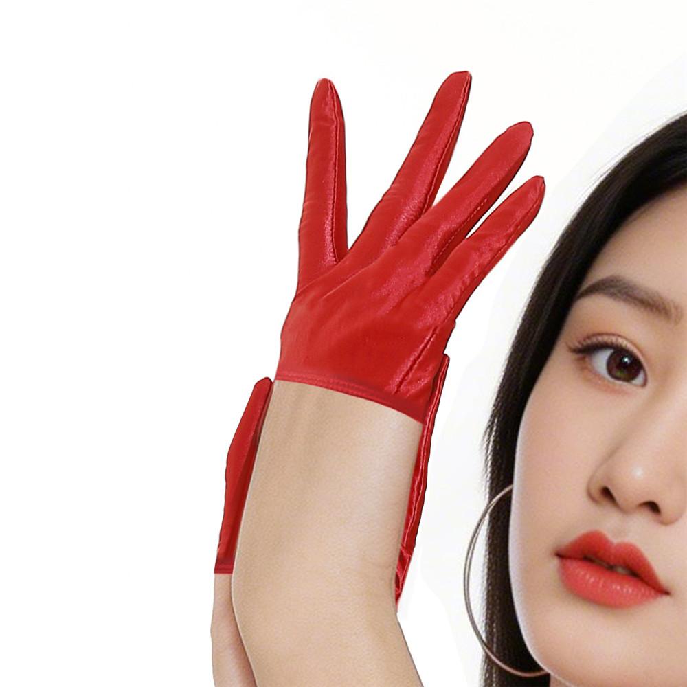Sexy Damen Fleck Glatt Halbe Handschuhe Öl Glänzend Elastisch Handschuh Cosplay Dienstmädchen Tanzhandschuhe Bühnenbekleidung Übergröße L red