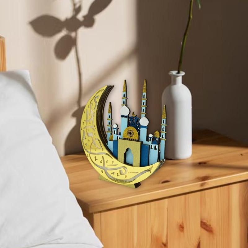 Eid Ramadans Wood Moon Castles Mosque Ornament with LED Light for Muslims Home Tabletop Decoration Festivals Party Gift